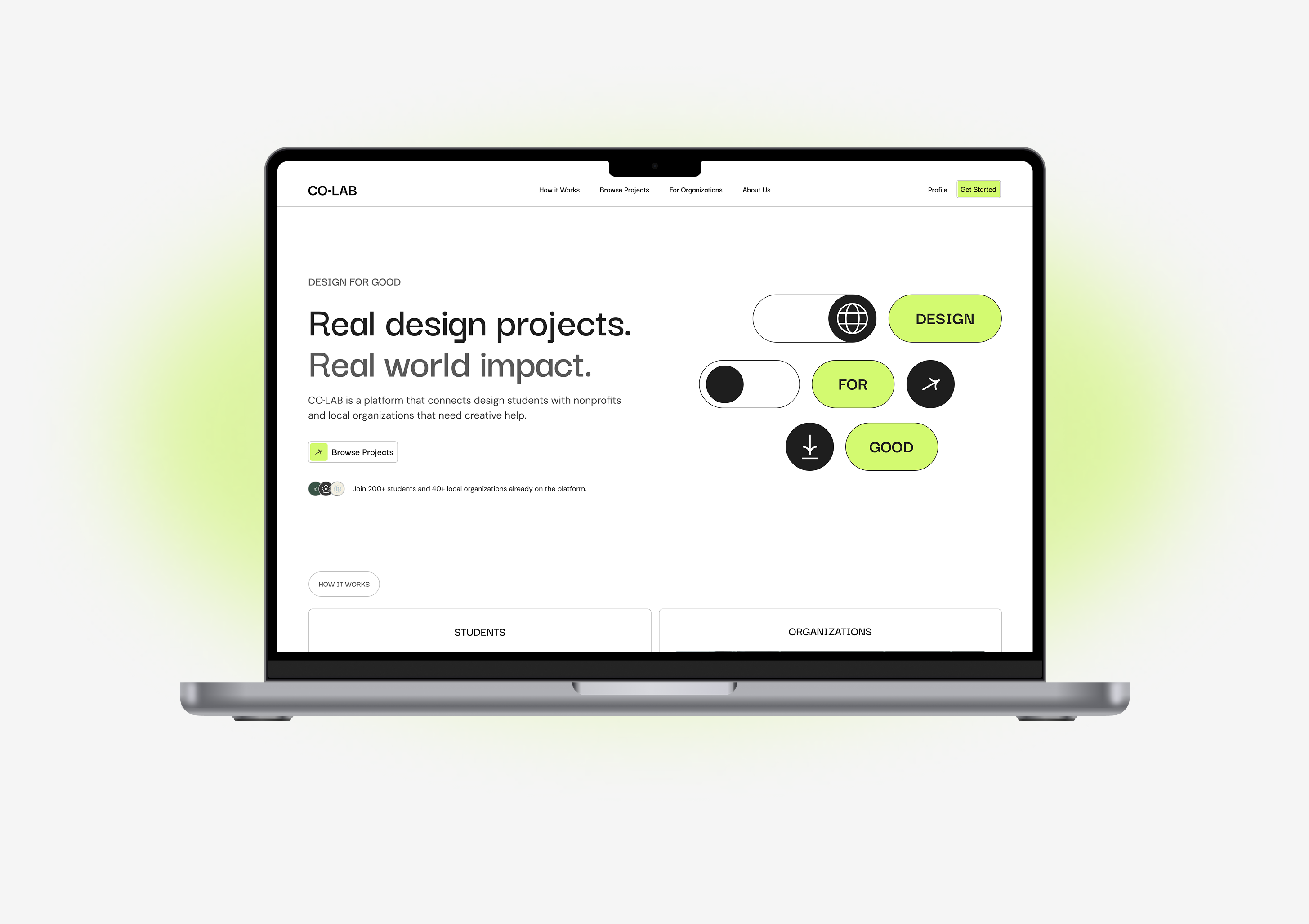 CO&middot;LAB landing page mockup on a laptop: hero headline, lime green accents, and browse projects CTA.