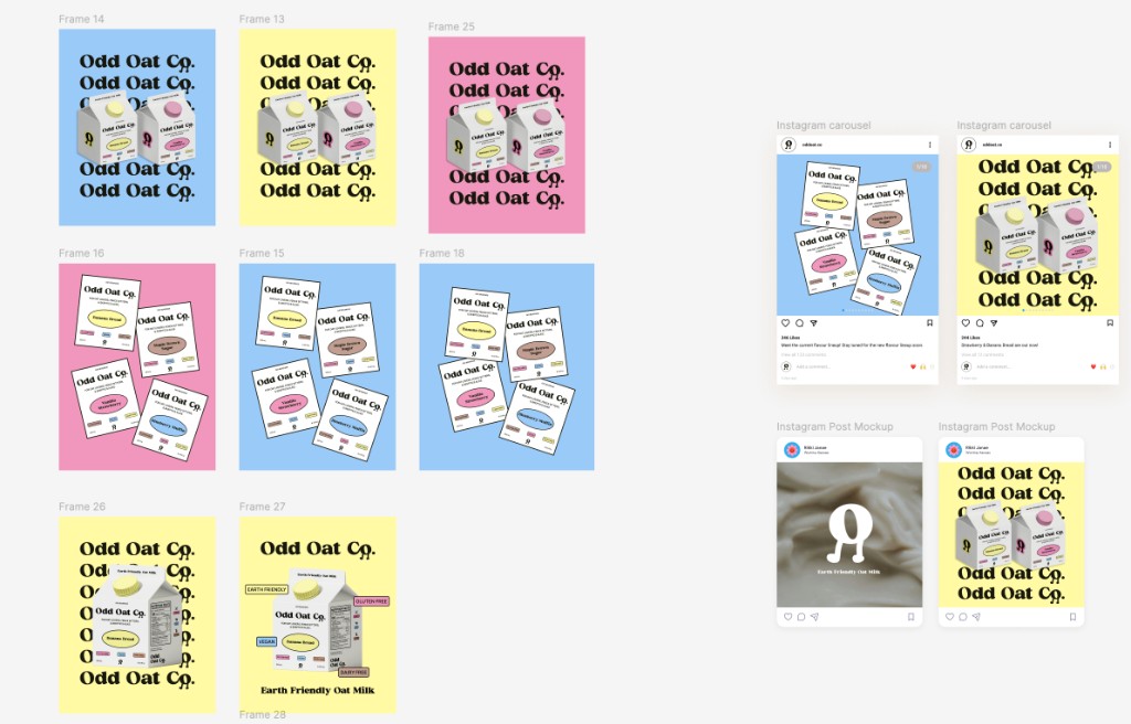 Odd Oat Co. branding and packaging grid: carton designs, flavour cards, and Instagram mockups in blue, yellow, and pink variations.