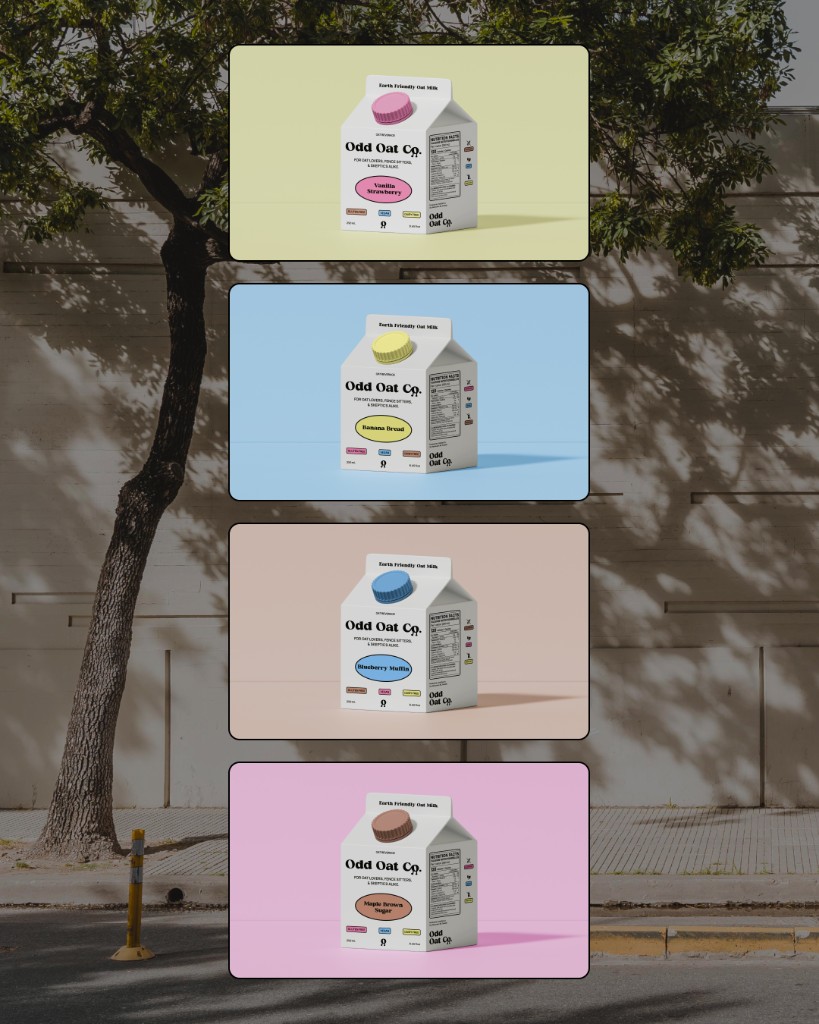 Odd Oat Co. carton mockups for Vanilla Strawberry, Banana Bread, Blueberry Muffin, and Maple Brown Sugar flavours.