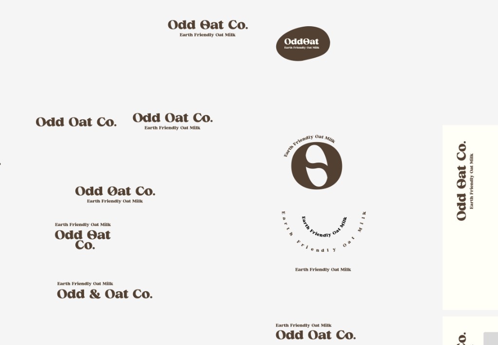 Odd Oat Co. logo and branding iterations: text variations, logomark with Earth Friendly Oat Milk tagline, and organic shape concept on cream background.