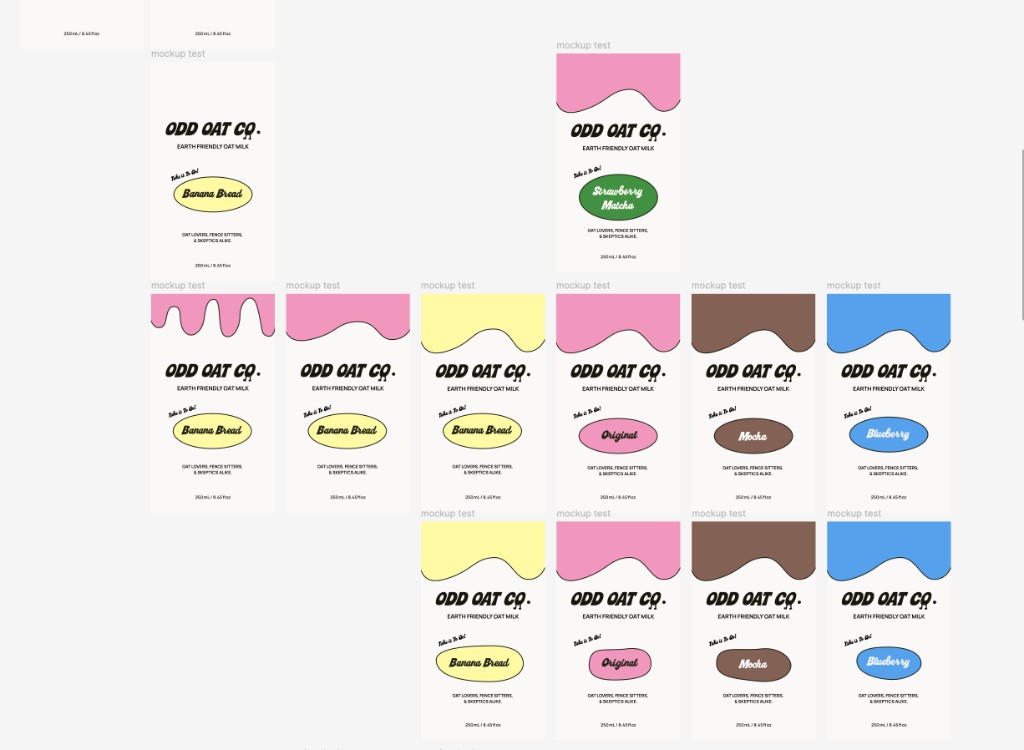 Odd Oat Co. carton mockup iterations: grid of design variations for Banana Bread, Strawberry Matcha, Original, Mocha, and Blueberry flavours with different colour bands and flavour tags.