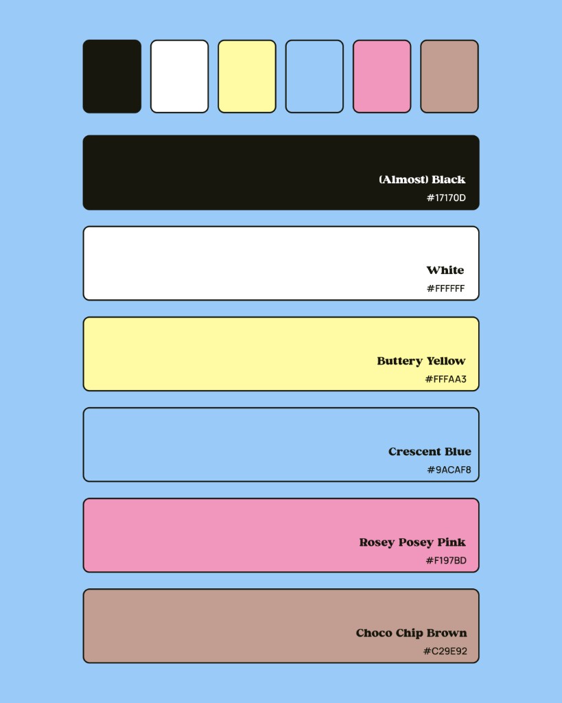 Odd Oat Co. colour palette: Almost Black, White, Buttery Yellow, Crescent Blue, Rosey Posey Pink, Choco Chip Brown.