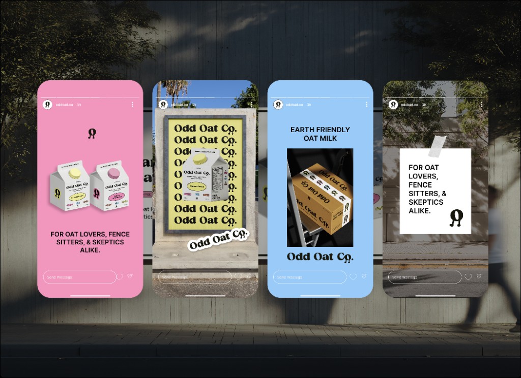 Odd Oat Co. social media and poster mockups: Instagram stories, yellow poster, Earth Friendly packaging, and brand card.