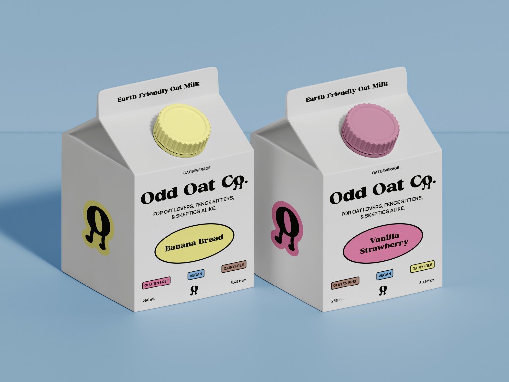 Two Odd Oat Co. oat milk cartons in Banana Bread and Vanilla Strawberry flavours.