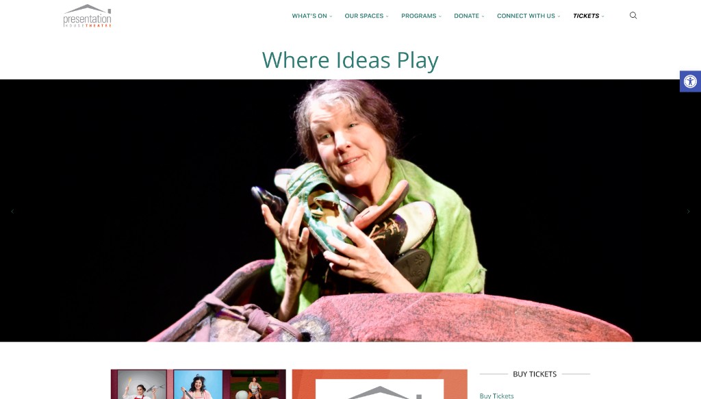 Screenshot of the previous Presentation House Theatre website homepage with the tagline 'Where Ideas Play'.
