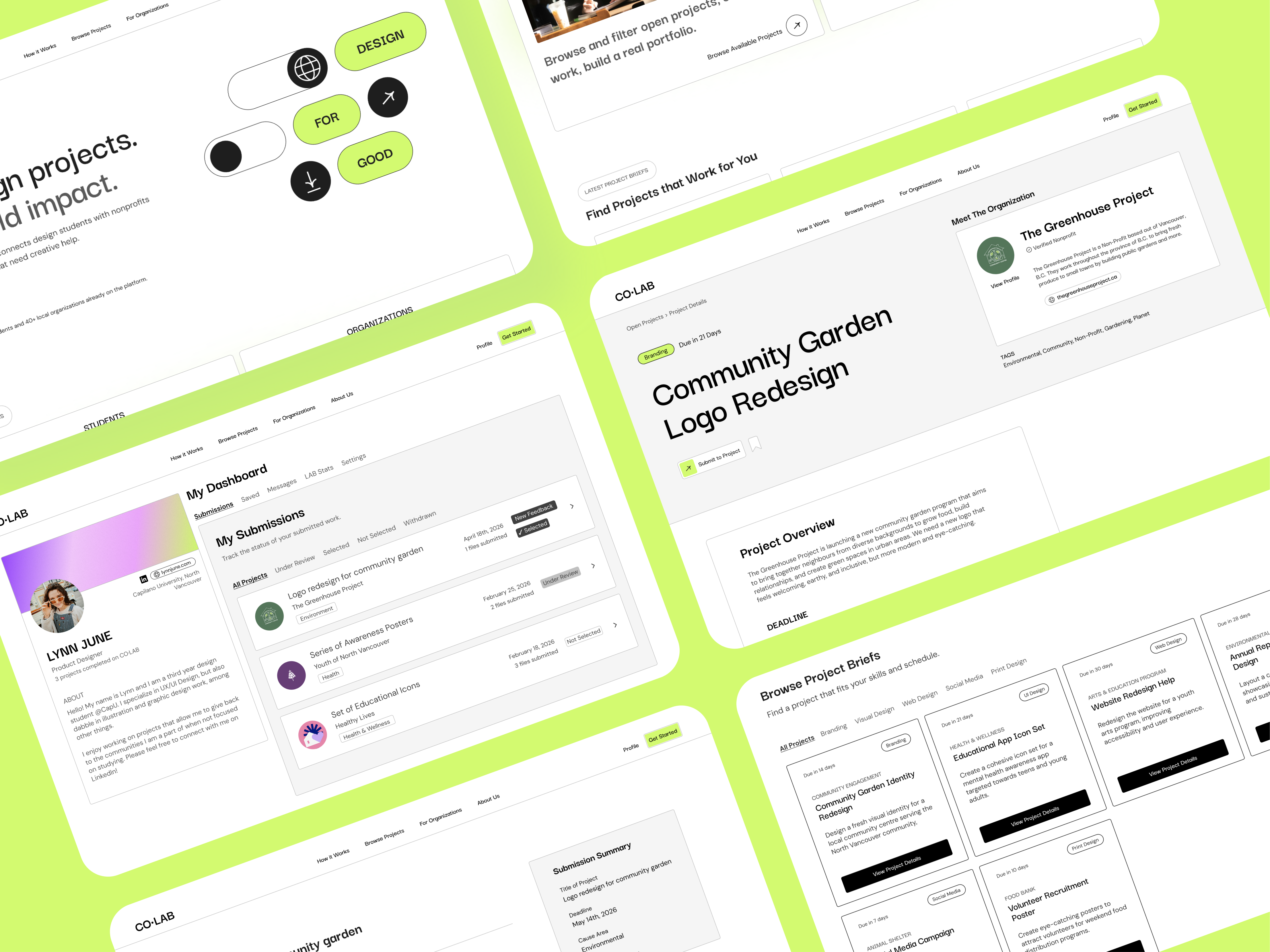 CO&middot;LAB UI mockups: landing hero, project detail, student dashboard with submissions, browse briefs grid, and submission summary.