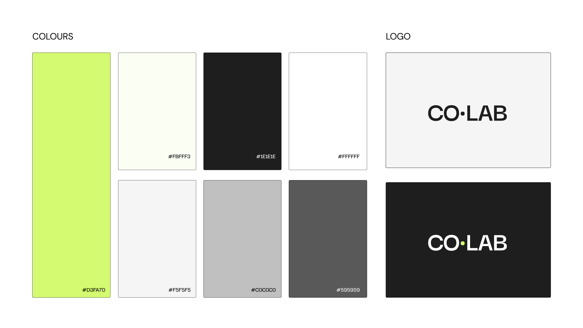 CO&middot;LAB color palette: brand greens, neutrals, and accent swatches with hex values.